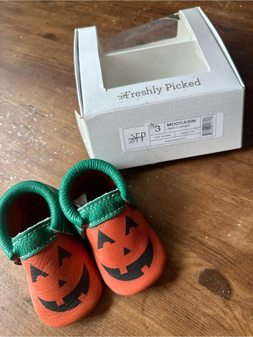 Freshly Picked Orange Pumpkin Jack-O'-Lantern Baby Slip-On Shoes with Green Trim